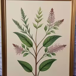 a painting with flowers on the outside of it,an image of a green plant with purple flowers and leaves