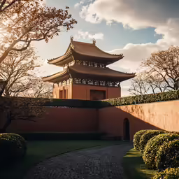 a tall red building surrounded by lots of plants