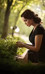 a woman sits in a park while tying some shrubs