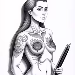 a woman with a knife and other tattoos in her hands,a drawing of a woman with tattoos holding a gun,tattoo girl with knife in her hand,a woman with tattoos holding a pen and in front of her body,a drawing of a woman holding a gun