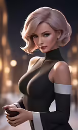 a very realistic photo of a lady in a black and white dress