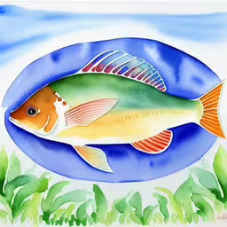 a painting of a yellow fish on a blue background,a fish sitting on top of a blue plate