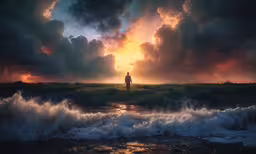 the silhouette of a person in the distance in an ocean setting