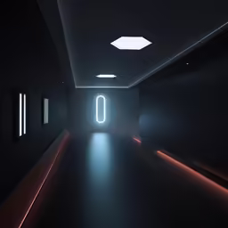 a dark hallway with neon light at the end