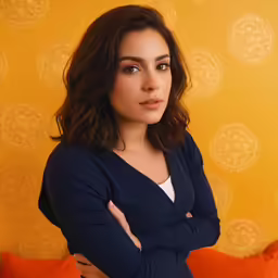 a woman standing with her arms crossed, looking to the side