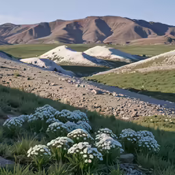 some white flowers and mountains in the background
