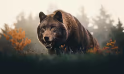 the brown bear is walking through a grass field