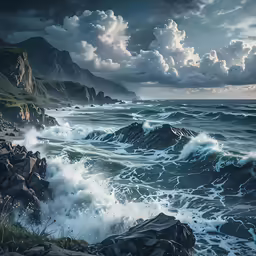 storm clouds rolling in over the ocean and a rock strewn shore