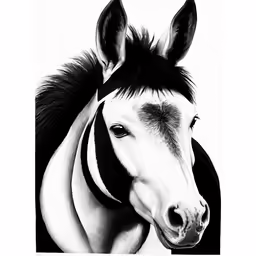 a black and white image of a horse with a harness on