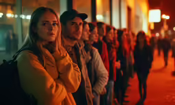 a woman looks off to her left as the crowd watches