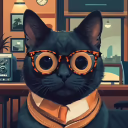 a cat wearing glasses and tie with a collar around it