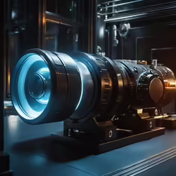 a large camera sits on a stand with a bright lens