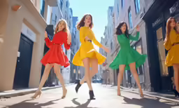a group of girls in brightly colored dresses