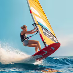 a woman is on her surfboard with a sail
