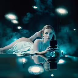 a beautiful young blond woman leaning on a table and holding an electronic device