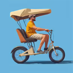 a man riding a bike that has an umbrella attached to it