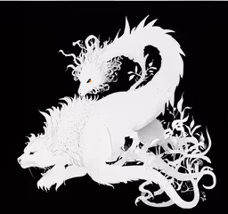 a white dragon sitting next to an ornate floral pattern,a very large black and white monster on a black background