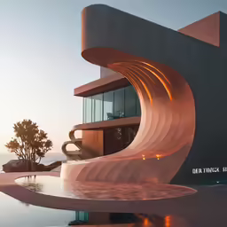 a curved building with many windows that looks out to sea
