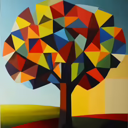 a tree of abstract colors in an open field
