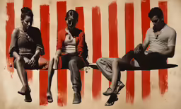 three people sitting on top of a bench under the same sign