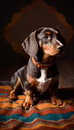 the small brown dog is sitting on a blanket