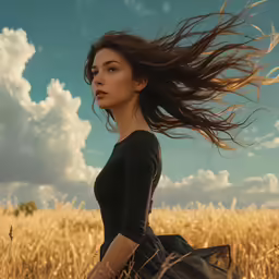 woman in wheat field in long black dress with sky background