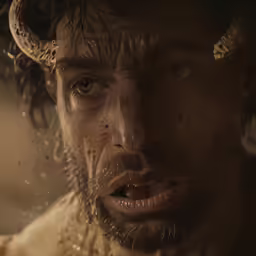 a very close up portrait of a man with a goatee and a crown