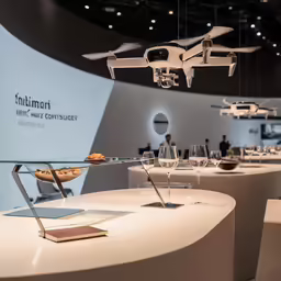 an exhibit room displays an appliance and food