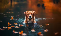 a dog wading in a pond surrounded by leaves