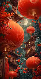 red lanterns and buildings in the distance