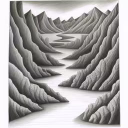 a drawing with white pencil and black ink,a pencil drawing of a large stream flowing into the ground,a pencil drawing of some mountains in a river,a pencil drawing of hills in the distance,a black and white photo with mountains on it