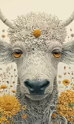 a large cow with some big horns in front of flowers