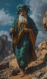 a man with a long beard and green outfit walks through rocks
