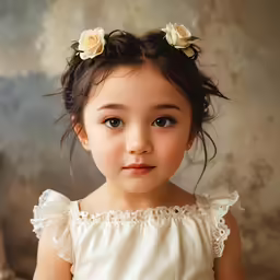 a young girl in a white dress holding onto two flower clip
