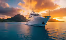 a large yacht on the water during a sunset