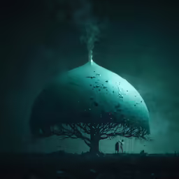 silhouette of a man standing in front of an enormous tree