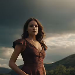 a woman in a dress stands in front of mountains