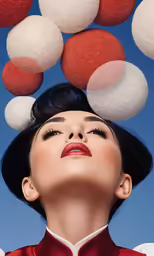 a woman surrounded by balls is shown in this picture