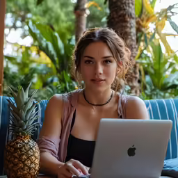 a girl is sitting outside in front of her computer