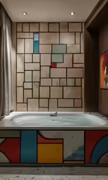 a large bath tub with many paintings hanging on the wall