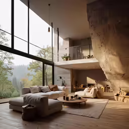 a living room with a large glass wall overlooking the outdoors