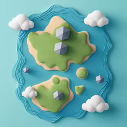 a green field surrounded by clouds is featured on a blue background