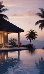 a house with swimming pool and palm trees at dusk
