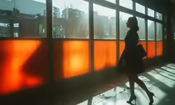 a woman walking on a street next to a wall with orange colored tiles