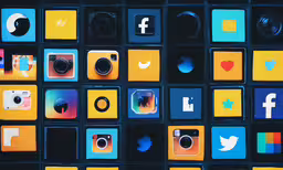 a bunch of square icons, including cameras and a smartphone,multiple square cameras are sitting on squares with social icons