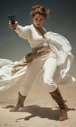 a woman in a white costume is holding a gun