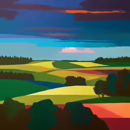 a painting of trees, land, and other landscape