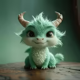 small toy with horns sits on wooden surface