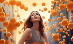 a woman surrounded by balls of oranges