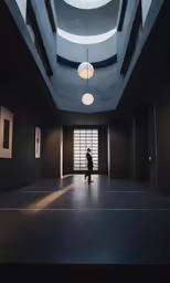an art gallery in black and white with a person standing under a dome